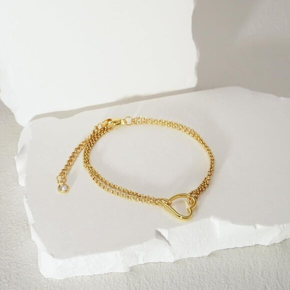 Trendy 14K Gold Plated Love Heart Link Chain Ring Bracelet Hand Chain for Women - Picture 5 of 7